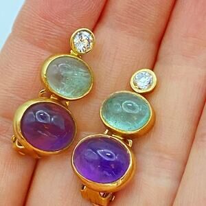 14k Oval Gemstone Cabochon Amethyst Aquamarine CZ Clip On Earrings